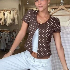 Polka Dot Short Sleeve Crop Cardigan - Brown